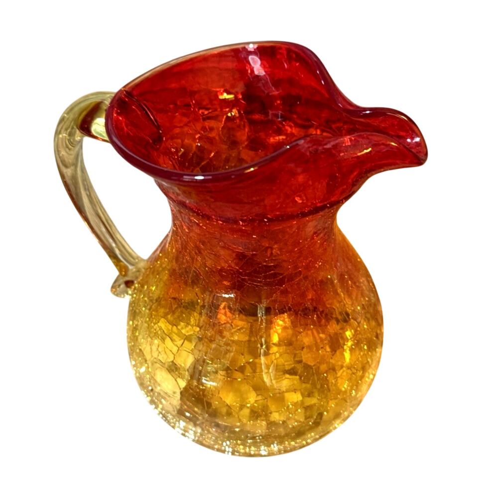 Vintage Amberina Crackle Glass Pitcher 6.125" Tall Blown Art Glass Vase MCM
